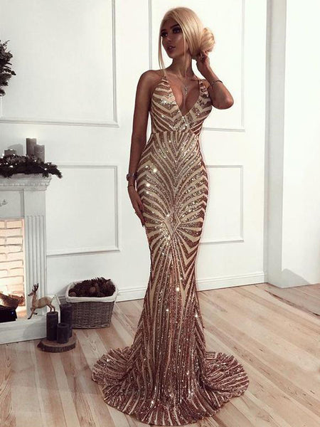 Sequin Backless Mermaid With Train Long Evening Prom Dresses, PD0032