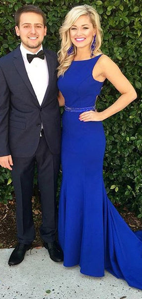 Simple Royal Blue Sleeveless Mermaid With Train Long Evening Prom Dresses, PD0020