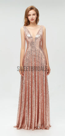 Sparkly Sequin Sleeveless V Back A-line Long Prom Dresses, MD608