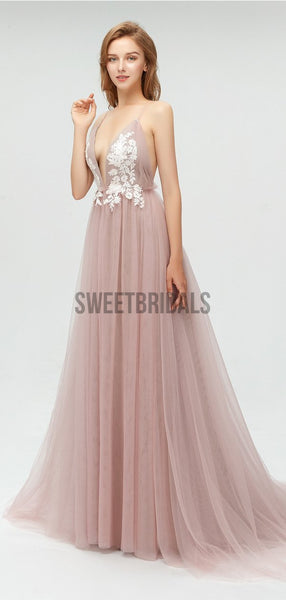 Sexy Deep V Neck Lace Applique Tulle A Line Long Prom Dresses, MD611