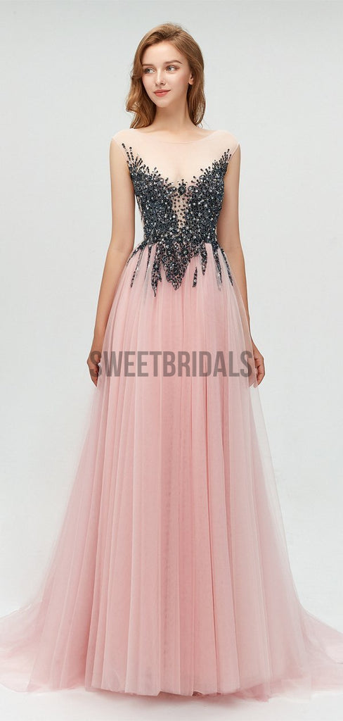 Fashion Round Neck A-line With Beads Long Prom Dresses, MD610