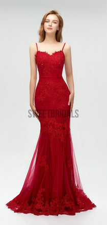 Elegant Spaghetti Strap Red Lace Mermaid Long Prom Dresses, MD612