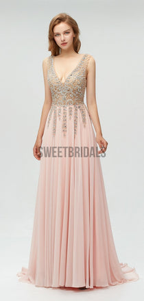 Sexy V Neck Chiffon V Neck A-line With Beads Long Prom Dresses, MD609