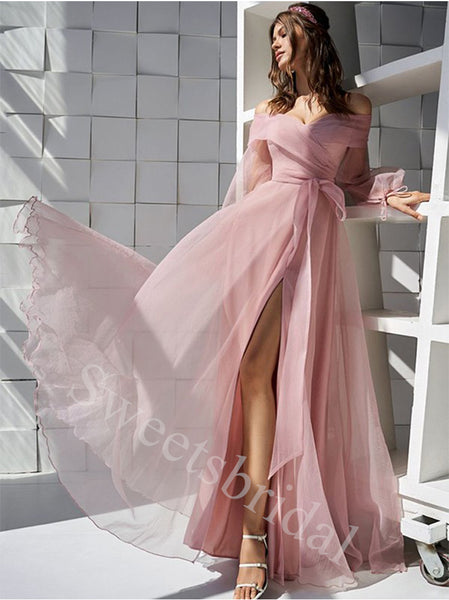 Elegant Off shoulder Side slit Sleeveless A-line Prom Dresses,SW1927