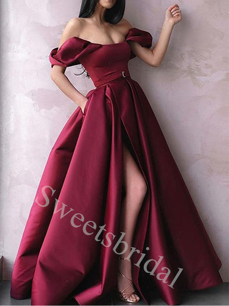 Sexy Off shoulder Strapless Side slit A-line Prom Dresses,SW1923