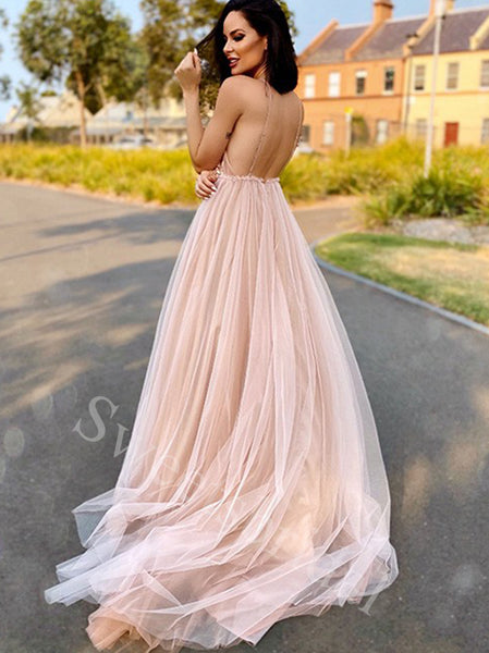 Sexy V-neck Spaghetti straps Sleeveless A-line Prom Dresses,SW1920