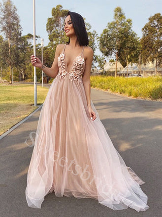 Sexy V-neck Spaghetti straps Sleeveless A-line Prom Dresses,SW1920
