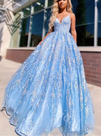 Sexy V-neck Spaghetti straps Sleeveless A-line Prom Dresses,SW1931