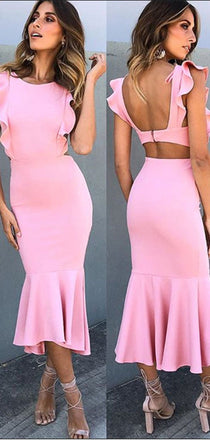 Simple Round Neck Open Back Mermaid With Ruffle Short Homecoming Dress, BTW203