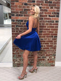 Pretty Royal Blue Spaghetti Strap V-Neck Short Homecoming Dresses, SW0027