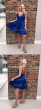 Pretty Royal Blue Spaghetti Strap V-Neck Short Homecoming Dresses, SW0027