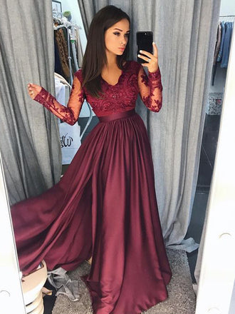 Gorgeous Burgundy Lace Top Long Sleeves Side Slit Long Evening Prom Dresses, SW0065