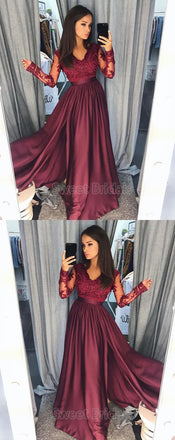 Gorgeous Burgundy Lace Top Long Sleeves Side Slit Long Evening Prom Dresses, SW0065