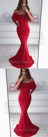 Charming Red Off the Shoulder Mermaid Long Evening Prom Dresses, SW0071