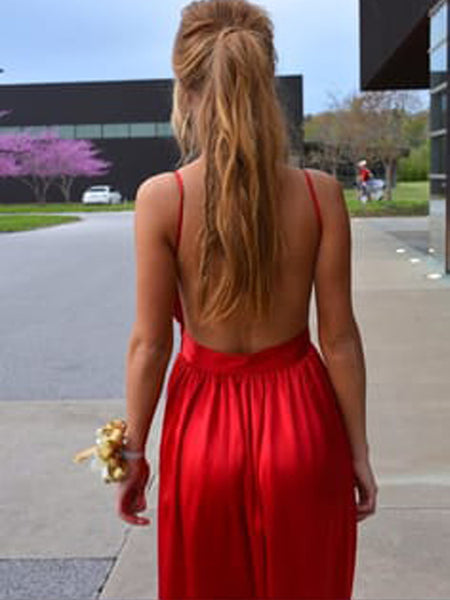 Elegant Red Spaghetti Strap V-Neck Open Back Floor Length Evening Prom Dresses, SW0077