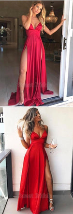Affordable Red Spaghetti Strap V-Neck Side Slit Floor Length Evening Prom Dresses, SW0076