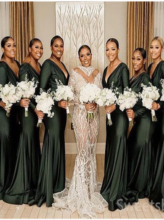 V-neck Long sleeves Mermaid Elegant Simple Pretty Long Bridesmaid Dresses, SWE1329
