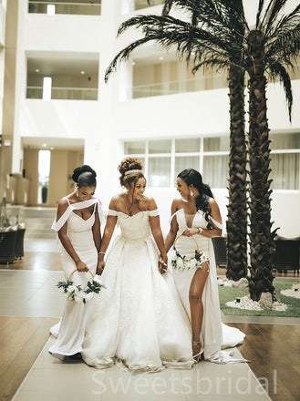 Mismatched Off-shoulder Side slit Mermaid Elegant Simple Pretty Long Bridesmaid Dresses, SWE1333