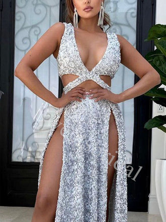 Sexy V-neck Sleeveless Side slit Mermaid Prom Dresses,SW1716