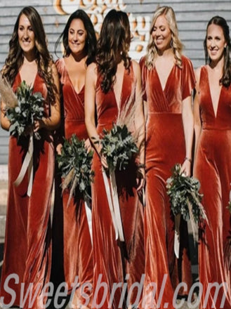 Mismatched V-neck  A-line Elegant Simple Long Bridesmaid Dresses,SWE1268