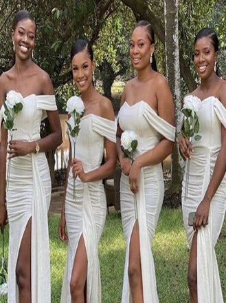 Off-shoulder Mermaid Pleats Side slit Elegant Simple Long Bridesmaid Dresses,SWE1286