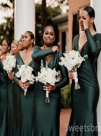 V-neck Long sleeves Mermaid Elegant Simple Pretty Long Bridesmaid Dresses, SWE1329