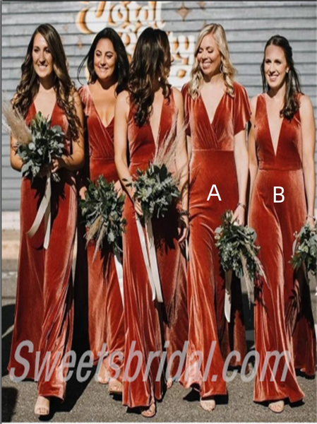 Mismatched V-neck  A-line Elegant Simple Long Bridesmaid Dresses,SWE1268