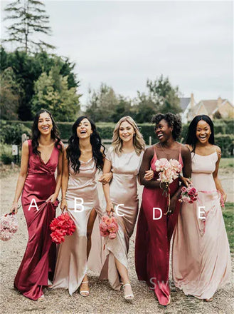 Mismatched V-neck Side slit A-line Elegant Simple Pretty Long Bridesmaid Dresses, SWE1332