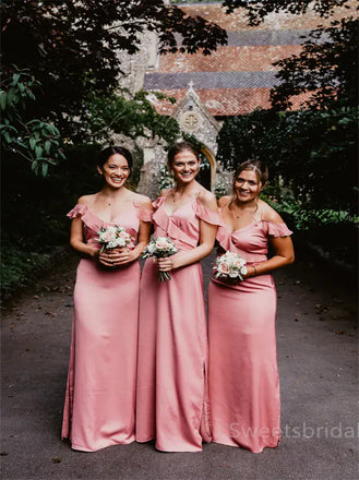 Off-shoulder Ruffle Spaghetti straps Elegant Simple Pretty Long Bridesmaid Dresses, SWE1324
