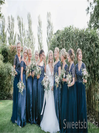 V-neck Beading Elegant A-line Simple Pretty Long Bridesmaid Dresses,SWE1302