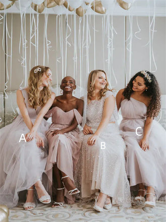 Mismatched Off-shoulder A-line Elegant Simple Pretty Long Bridesmaid Dresses,SWE1313