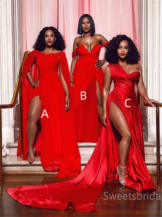 Mismatched Side slit Off-shoulder Elegant A-line Simple Pretty Long Bridesmaid Dresses,SWE1304