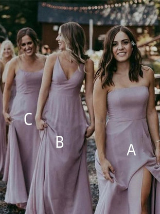Mismatched Spaghetti straps V-neck Side slit  A-line Elegant Simple Long Bridesmaid Dresses,SWE1290