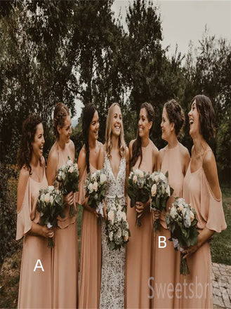 Mismatched Off-shoulder A-line Elegant Simple Pretty Long Bridesmaid Dresses,SWE1312