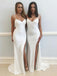 Elegant White Spaghetti Strap V-Neck Side Slit Sweep Train Evening Prom Dresses, SW0041