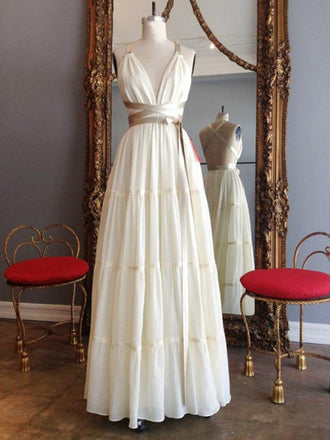 Unique Deep V-Neck Backless Floor Length Evening Prom Dresses, SW0046