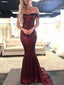 Off the Shoulder Burgundy Sequin Mermaid Long Prom Dresses DPB133