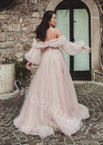 Sparkling Sweetheart Off shoulder Side slit A-line Prom Dresses,SW1934