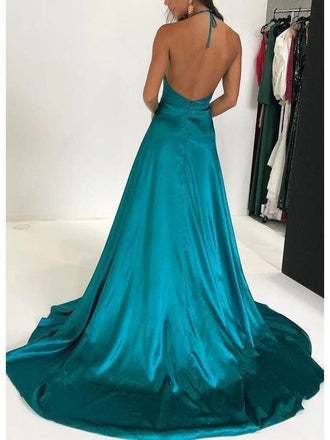 Sexy Thigh Split Long Simple Backless Halter Prom Dresses DPB134