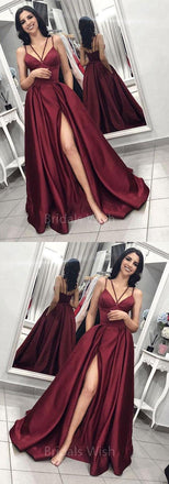 Chic Burgundy Spaghetti Strap Side Slit Backless Long Evening Prom Dresses, BW0597