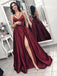 Chic Burgundy Spaghetti Strap Side Slit Backless Long Evening Prom Dresses, BW0597