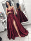 Chic Burgundy Spaghetti Strap Side Slit Backless Long Evening Prom Dresses, BW0597