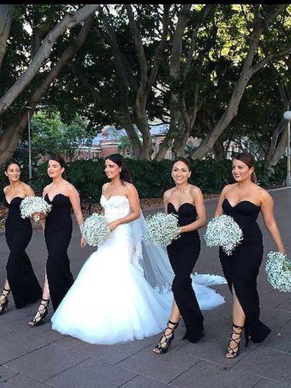 Mismatched Black Sweet Heart Front Split Floor Length Bridesmaid Dress sweetbridals Mismatched Black Sweet Heart Front Split Floor Length Bridesmaid Dress sweetbridals