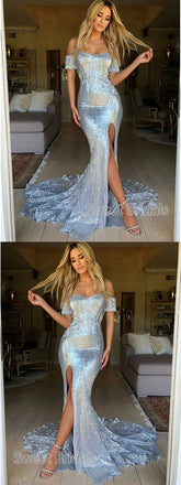 Shinning Sequin Off the Shoulder Sweet Heart Side Slit Sweep Train Evening Prom Dresses, SW0048