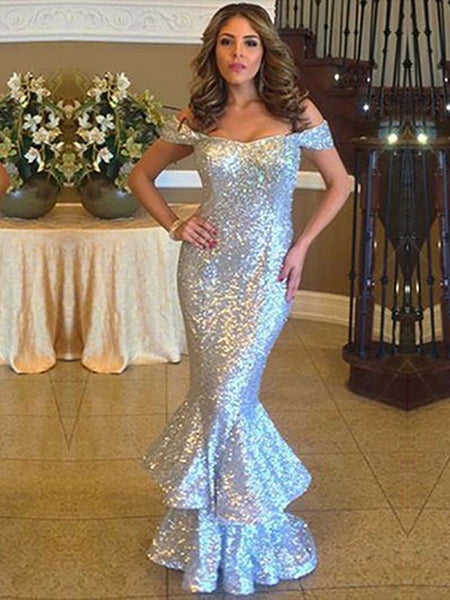 Sparkle Sequin Off the Shoulder Mermaid Floor Length Evening Prom Dresses, SW0049