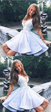 Lovely Sky Blue V-Neck Applique Short Homecoming Dresses, SW0079