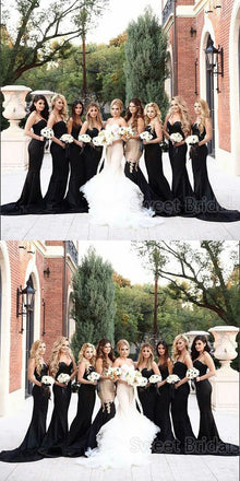 Elegant Black Spaghetti Strap Sweet Heart Sweep Train Bridesmaid Dresses , SW0014