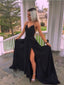 Elegant Black Spaghetti Strap V-Neck Backless Side Slit Long Evening Prom Dresses, SW0039