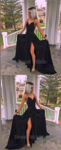 Elegant Black Spaghetti Strap V-Neck Backless Side Slit Long Evening Prom Dresses, SW0039