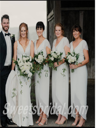 V-neck cap sleeves  Elegant Simple Pretty Long Bridesmaid Dresses,SWE1295